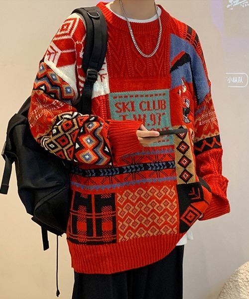Ressaca(レサーカ)の「熊刺繍パッチワーク風ケーブルニット(ニット/セーター・メンズ・ブルー/レッド/アイボリー・L/M)」の11枚目の写真