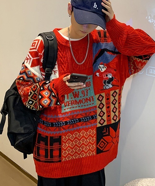 Ressaca(レサーカ)の「熊刺繍パッチワーク風ケーブルニット(ニット/セーター・メンズ・ブルー/レッド/アイボリー・L/M)」の12枚目の写真