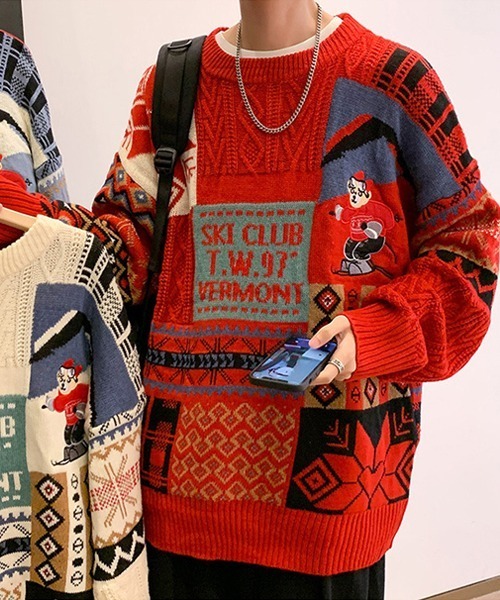 Ressaca(レサーカ)の「熊刺繍パッチワーク風ケーブルニット(ニット/セーター・メンズ・ブルー/レッド/アイボリー・L/M)」の10枚目の写真