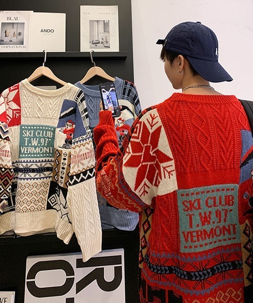 Ressaca(レサーカ)の「熊刺繍パッチワーク風ケーブルニット(ニット/セーター・メンズ・ブルー/レッド/アイボリー・L/M)」の15枚目の写真