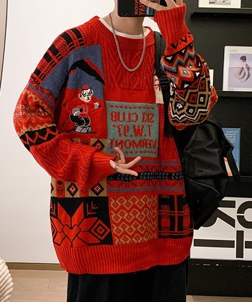 Ressaca(レサーカ)の「熊刺繍パッチワーク風ケーブルニット(ニット/セーター・メンズ・ブルー/レッド/アイボリー・L/M)」の19枚目の写真