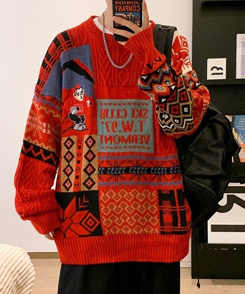 Ressaca(レサーカ)の「熊刺繍パッチワーク風ケーブルニット(ニット/セーター・メンズ・ブルー/レッド/アイボリー・L/M)」の20枚目の写真