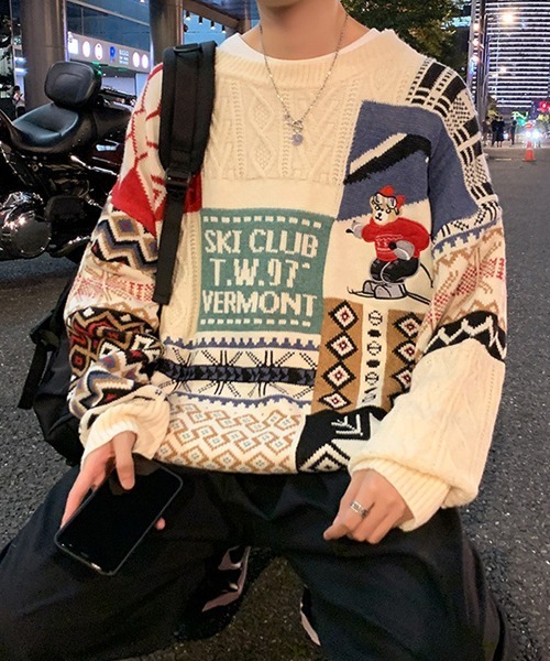 Ressaca(レサーカ)の「熊刺繍パッチワーク風ケーブルニット(ニット/セーター・メンズ・ブルー/レッド/アイボリー・L/M)」の16枚目の写真