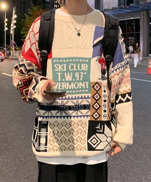Ressaca(レサーカ)の「熊刺繍パッチワーク風ケーブルニット(ニット/セーター・メンズ・ブルー/レッド/アイボリー・L/M)」の22枚目の写真