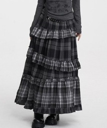ヴィンテージライク チェックフリルティアードロングスカート