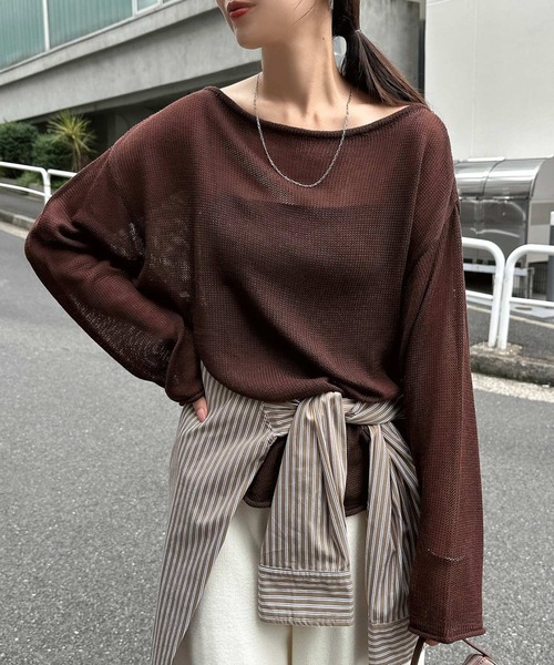 andme（アンドミー）の「透かし編み長袖ニットトップス（ニット/セーター・レディース・ブラウン/オフホワイト/ブラック・FREE）」の3枚目の写真