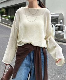透かし編み長袖ニットトップス