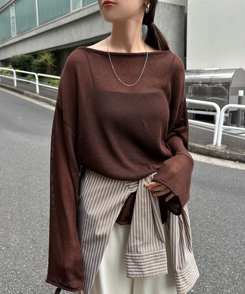 andme（アンドミー）の「透かし編み長袖ニットトップス（ニット/セーター・レディース・ブラウン/オフホワイト/ブラック・FREE）」の4枚目の写真