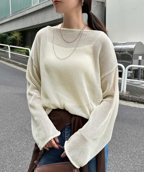 andme（アンドミー）の「透かし編み長袖ニットトップス（ニット/セーター・レディース・ブラウン/オフホワイト/ブラック・FREE）」の8枚目の写真