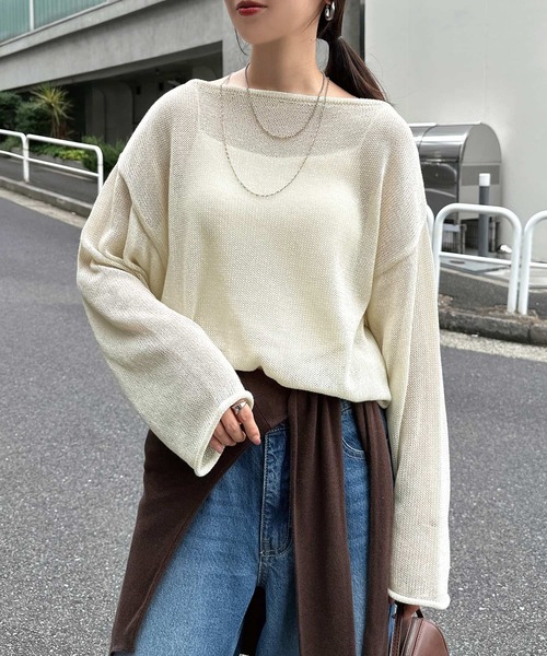 andme（アンドミー）の「透かし編み長袖ニットトップス（ニット/セーター・レディース・ブラウン/オフホワイト/ブラック・FREE）」の9枚目の写真