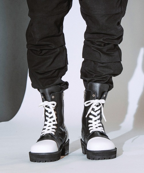 NO ID. レザーサイドジップブーツ ブラック 本革 サイズ42 NO ID.】Side Zip Lace-Up Boots / サイド ジップ レースアップ ブーツ