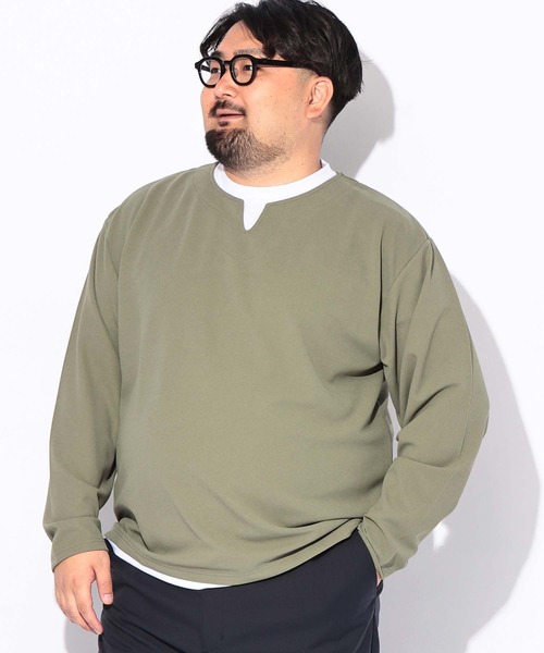 B&T CLUB(ビーティークラブ)の「Tシャツ 長袖 メンズ 大きいサイズ フェイクレイヤード キーネックカルゼジョーゼット B&T CLUB (ビーアンドティークラブ)(Tシャツ/カットソー・メンズ・カーキ/ブラック・X2(4L~5L)/X1(3L~4L)/X3(6L~7L))」の1枚目の写真