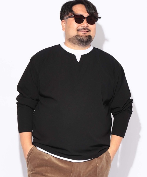 B&T CLUB(ビーティークラブ)の「Tシャツ 長袖 メンズ 大きいサイズ フェイクレイヤード キーネックカルゼジョーゼット B&T CLUB (ビーアンドティークラブ)(Tシャツ/カットソー・メンズ・カーキ/ブラック・X2(4L~5L)/X1(3L~4L)/X3(6L~7L))」の2枚目の写真