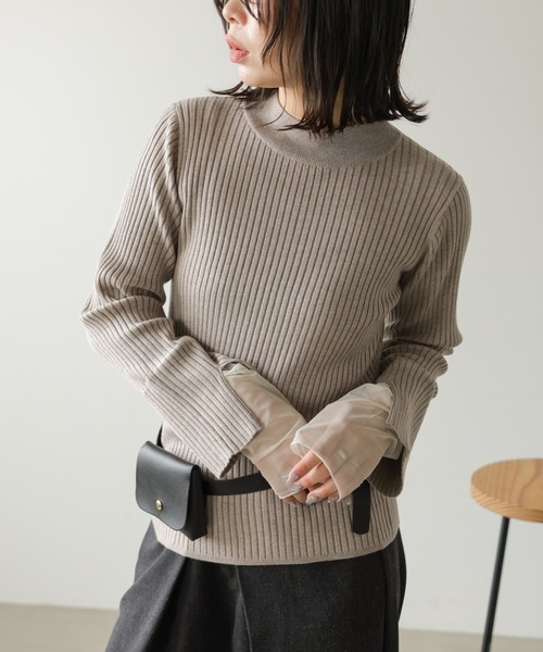 Bab(バブ)の「チュールレイヤードリブニットトップス(ハイネック)(ニット/セーター・レディース・ホワイト系その他/グレー系その他3/ブラウン/ブラック/ピンク/グレー・FREE)」の1枚目の写真