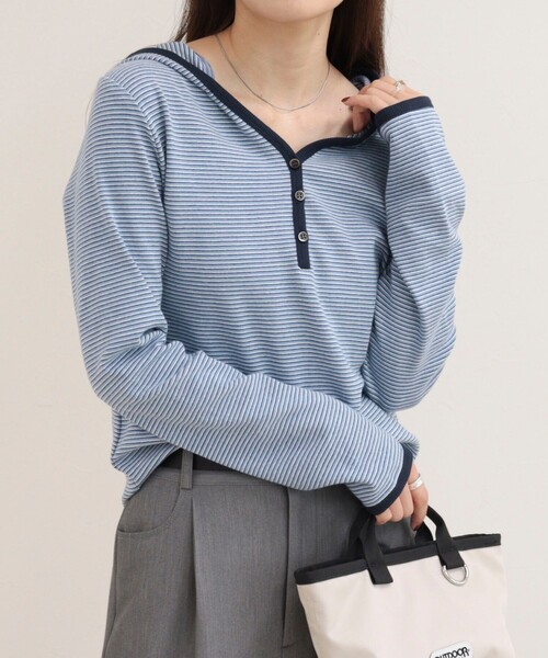 fredy emue(フレディエミュ)の「ヘンリーネックボーダーフーディ(Tシャツ/カットソー・レディース・ブルー系その他/レッド系その他/ブラック系その他/グレー系その他・38)」の1枚目の写真