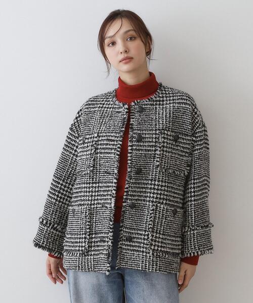 DRESSTERIOR(ドレステリア)の「グレンチェックツイードショートコート(ノーカラージャケット・レディース・ブラック系1/ブラウン系その他2・34/38/36)」の1枚目の写真