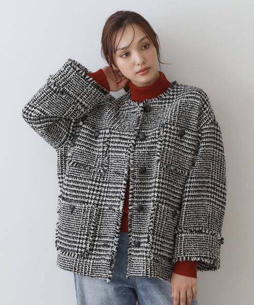 DRESSTERIOR(ドレステリア)の「グレンチェックツイードショートコート(ノーカラージャケット・レディース・ブラック系1/ブラウン系その他2・34/38/36)」の4枚目の写真