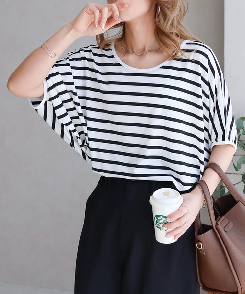 Social GIRL(ソーシャルガール)の「ワイドスリーブコンシャスドルマンオーバーサイズビックシルエットTシャツ(Tシャツ/カットソー)」|ホワイト×ブラック