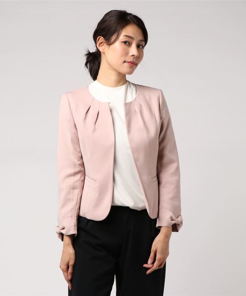TRUDEA（トルディア）の「ライトダブルクロス　ポケットリボン　ノーカラージャケット（ノーカラージャケット・レディース・ベージュ/ネイビー/グレー/ピンク・SMALL/MEDIUM/LARGE）」の8枚目の写真