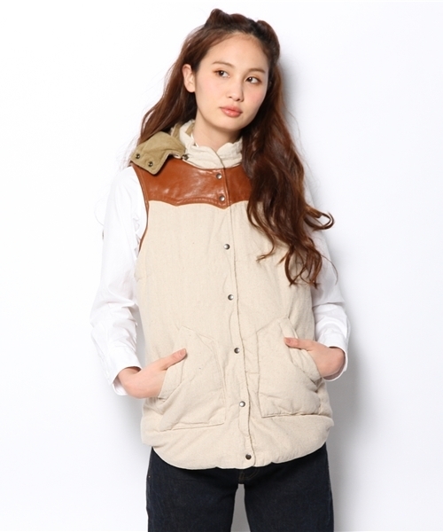 goa（ゴア）の「レザーヨークダウンベスト（ダウンジャケット/コート・レディース・モカ/ナチュラル/チャコールグレー・FREE）」の3枚目の写真