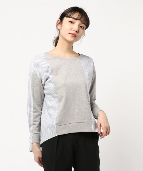 Editt by YECCA VECCA(エディットバイイェッカヴェッカ)の「P.ストライプ切替プルオ-バ-(Tシャツ/カットソー・レディース・ブラック/杢グレー・FREE)」の2枚目の写真