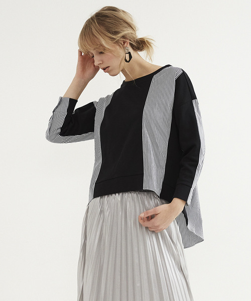 Editt by YECCA VECCA(エディットバイイェッカヴェッカ)の「P.ストライプ切替プルオ-バ-(Tシャツ/カットソー・レディース・ブラック/杢グレー・FREE)」の1枚目の写真