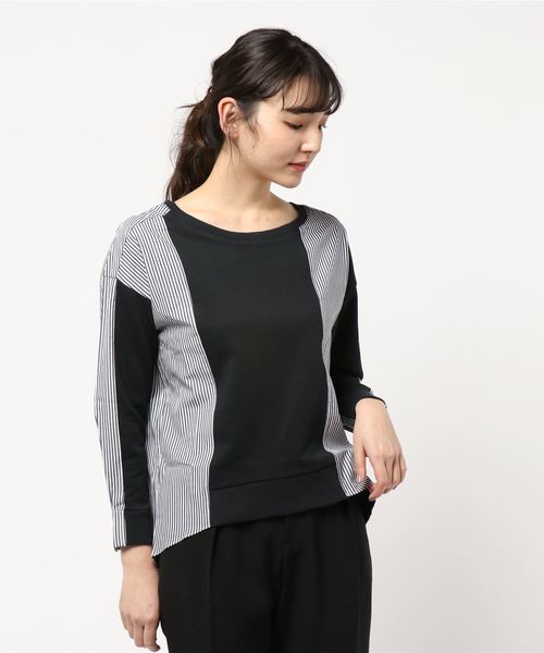 Editt by YECCA VECCA(エディットバイイェッカヴェッカ)の「P.ストライプ切替プルオ-バ-(Tシャツ/カットソー・レディース・ブラック/杢グレー・FREE)」の16枚目の写真