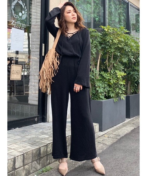 EGOIST(エゴイスト)の「バストレースUP長袖オールインワン(サロペット/オーバーオール・レディース・ブラック/ライトブラウン・FREE)」の5枚目の写真