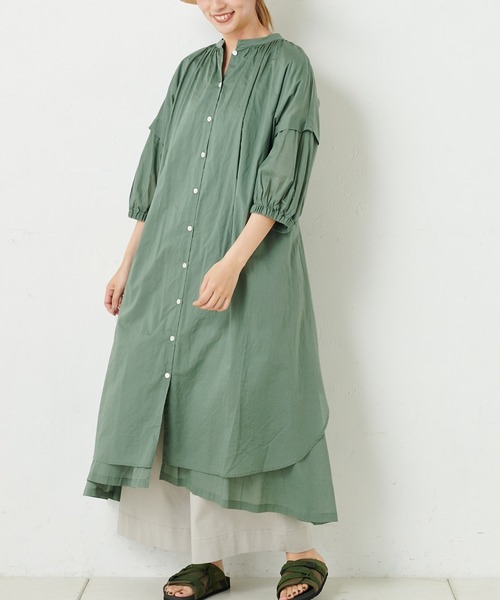 PUAL CE CIN(ピュアルセシン)の「ボイルオーバーシャツワンピース(シャツワンピース・レディース・グリーン/ネイビー/ホワイト/ブラック/グレイッシュベージュ・FREE)」の4枚目の写真