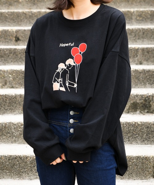 PairPair(ペアペア)の「線画カップル風船グラフィックロンT(ユニセックス)(Tシャツ/カットソー・レディース・ブラック/ベージュ/ブラウン・FREE)」の6枚目の写真