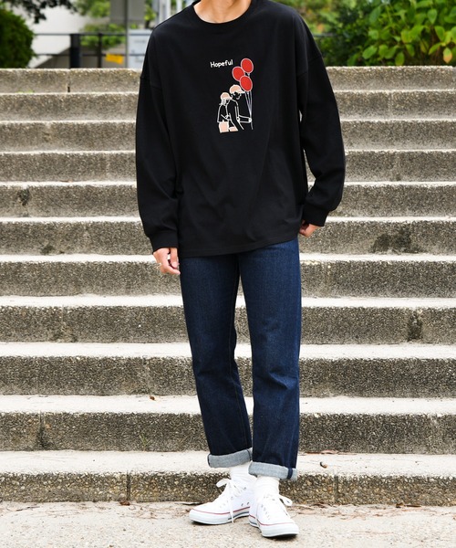 PairPair(ペアペア)の「線画カップル風船グラフィックロンT(ユニセックス)(Tシャツ/カットソー・レディース・ブラック/ベージュ/ブラウン・FREE)」の7枚目の写真