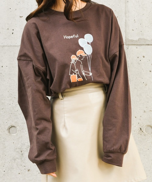 PairPair(ペアペア)の「線画カップル風船グラフィックロンT(ユニセックス)(Tシャツ/カットソー・レディース・ブラック/ベージュ/ブラウン・FREE)」の11枚目の写真