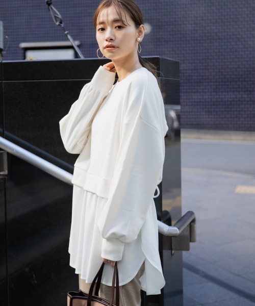 レイヤード風裏毛プルオーバー Tシャツ カットソー トップス Mysty Woman ミスティウーマン のファッション