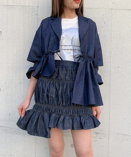 lilLilly(リルリリー)の「アシンメトリーフリルジャケット(テーラードジャケット・レディース・ベージュ/ブルー系その他/チェック・FREE)」の3枚目の写真