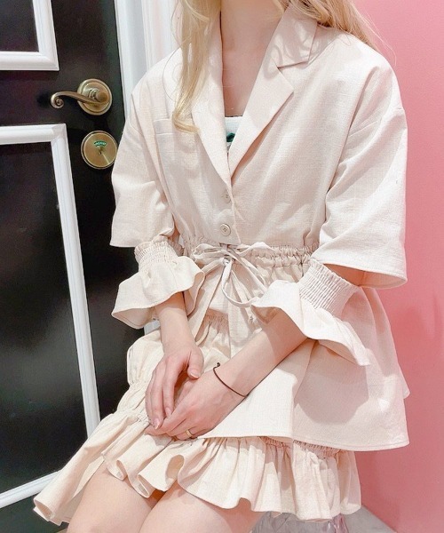 lilLilly(リルリリー)の「アシンメトリーフリルジャケット(テーラードジャケット・レディース・ベージュ/ブルー系その他/チェック・FREE)」の5枚目の写真