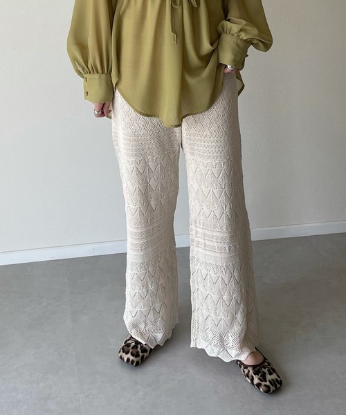 y/m by misato（イムバイミサト）の「リネンライク透かし編みパンツ（その他パンツ・レディース・オフホワイト/ライム・FREE）」の7枚目の写真