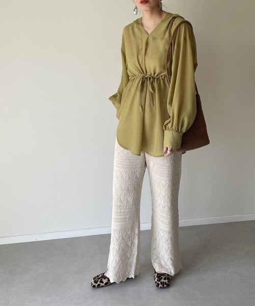 y/m by misato（イムバイミサト）の「リネンライク透かし編みパンツ（その他パンツ・レディース・オフホワイト/ライム・FREE）」の3枚目の写真