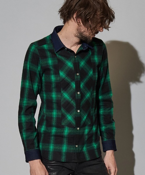 NO ID.（ノーアイディ）の「ms4722-クレリックバイアスオンブレーチェックＳＨ シャツ（シャツ/ブラウス・メンズ・グリーン/ブルー/レッド/ブラック・2/1）」の2枚目の写真
