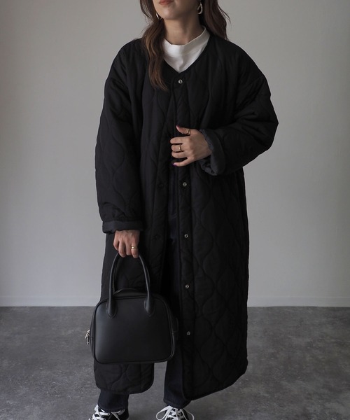 Riberry（リベリー）の「キルティングロングコート（ノーカラーコート・レディース・ブラック/カーキ/アイボリー・MEDIUM）」の22枚目の写真