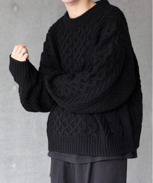 y/m by れぽすけ(イムバイレポスケ)の「アランケーブルニット(ニット/セーター・メンズ・オフホワイト/ブラック・MEDIUM/LARGE)」の3枚目の写真