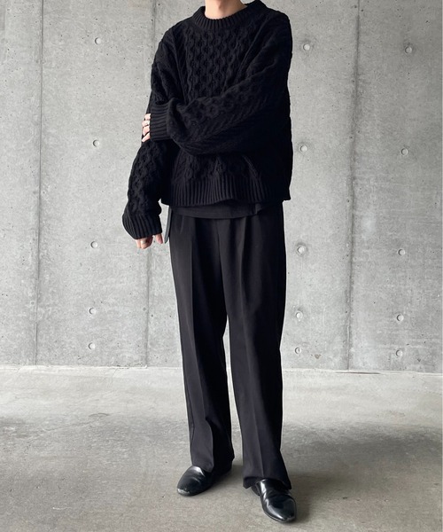 y/m by れぽすけ(イムバイレポスケ)の「アランケーブルニット(ニット/セーター・メンズ・オフホワイト/ブラック・MEDIUM/LARGE)」の4枚目の写真