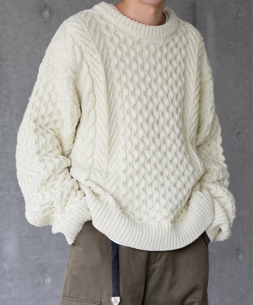 y/m by れぽすけ(イムバイレポスケ)の「アランケーブルニット(ニット/セーター・メンズ・オフホワイト/ブラック・MEDIUM/LARGE)」の6枚目の写真
