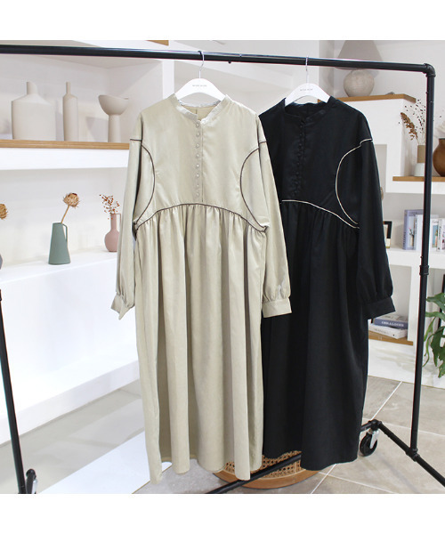 MODE ROBE(モードローブ)の「バイカラーステッチウエストタックワンピース(ワンピース・レディース・ブラック/ベージュ・FREE)」の3枚目の写真