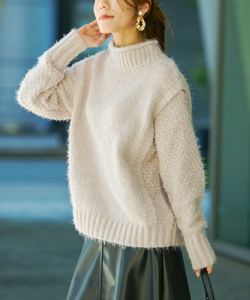 Chez toi(シェトワ)の「バスケット編みベスト切替ハイネックプルオーバー(ニット/セーター・レディース・チャコールグレー/パープル/グリーン/グレイッシュベージュ・FREE)」の2枚目の写真