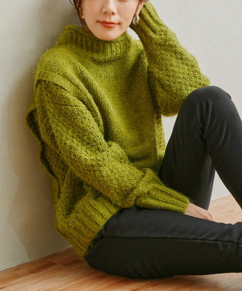 Chez toi(シェトワ)の「バスケット編みベスト切替ハイネックプルオーバー(ニット/セーター・レディース・チャコールグレー/パープル/グリーン/グレイッシュベージュ・FREE)」の3枚目の写真