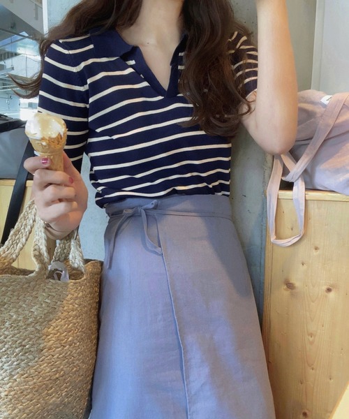 LAUIR（ラウアー）の「ボーダーポロ半袖ニット（ニット/セーター・レディース・ベージュ/ブラック/ネイビー・FREE）」の10枚目の写真