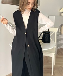 moment+ | エステルストレッチノーカラーロングジレベスト(ベスト)