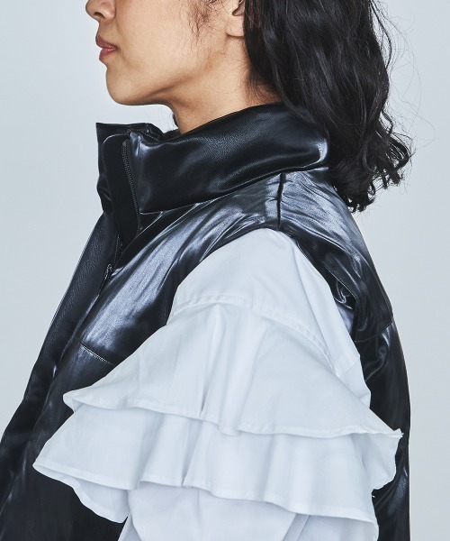 DOUBLE STANDARD CLOTHING(ダブルスタンダードクロージング)の「フェイクシルケットレザーダウンベスト(ダウンベスト・レディース・ブラック・38/36)」の2枚目の写真