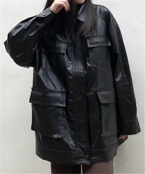 MAISON DE THERESE（メゾン ド テレーズ）の「オーバーサイズ　フェイクレザージャケット ライダースジャケット 男女兼用（ライダースジャケット・レディース・ブラック・M/L/XL/S）」の11枚目の写真