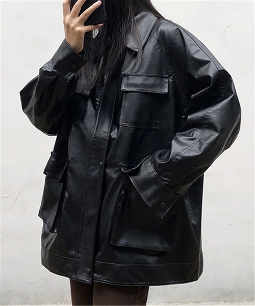 MAISON DE THERESE（メゾン ド テレーズ）の「オーバーサイズ　フェイクレザージャケット ライダースジャケット 男女兼用（ライダースジャケット・レディース・ブラック・M/L/XL/S）」の13枚目の写真